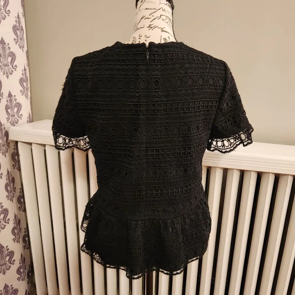 Kate Spade Mixed Lace Top, Black with Peplum, Sz XS: romanticore, dark feminine - Picture 4 of 10